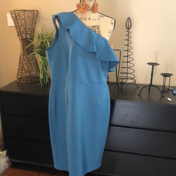 🔵Slate Blue Curvy One Shoulder Ruffle Dress - Picture 7 of 7